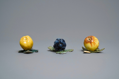 Six polychrome Dutch Delft models of apples, grapes and pears, 18th C.