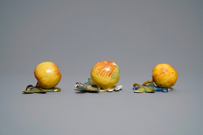 Six polychrome Dutch Delft models of apples, grapes and pears, 18th C.