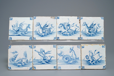 35 Delft blue and white tiles with seacreatures and ships, Ghent, 17th C.