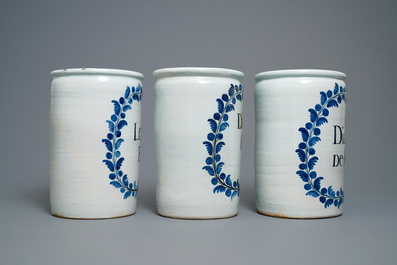 A set of six large blue and white albarello-type drug jars, Nevers, France, 18th C.