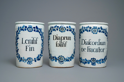 A set of six large blue and white albarello-type drug jars, Nevers, France, 18th C.