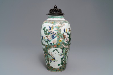A Chinese famille verte vase with landscape medallions, Kangxi