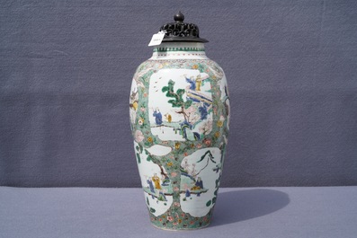 A Chinese famille verte vase with landscape medallions, Kangxi