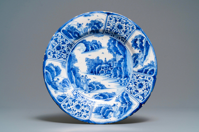 Two Dutch Delft blue and white chinoiserie dishes, late 17th C.
