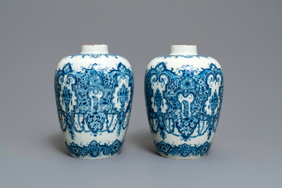 A pair of Dutch Delft blue and white Daniel Marot style vases, early 18th C.