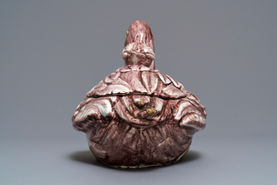 A large manganese Brussels faience partridge tureen, 18th C.