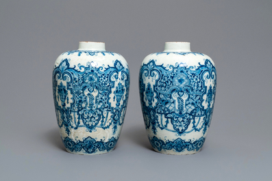 A pair of Dutch Delft blue and white Daniel Marot style vases, early 18th C.