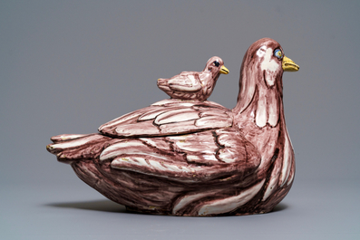 A large manganese Brussels faience partridge tureen, 18th C.