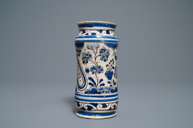 A blue, white and manganese Portuguese faience albarello, 17th C.