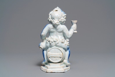 A polychrome Brussels faience 'Bacchus on a wine barrel' table fountain, 18th C.