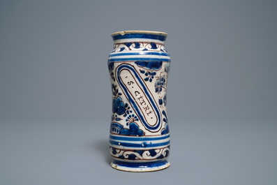 A blue, white and manganese Portuguese faience albarello, 17th C.