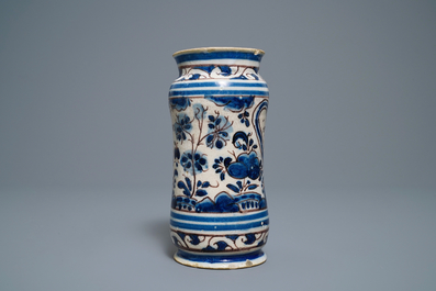 A blue, white and manganese Portuguese faience albarello, 17th C.