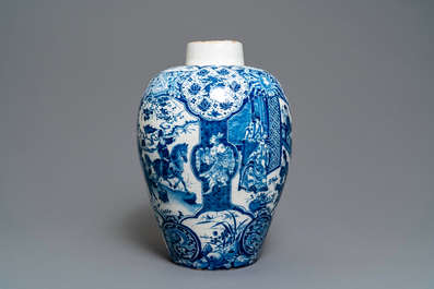 An exceptional and large Dutch Delft blue and white chinoiserie vase, 17/18th C.