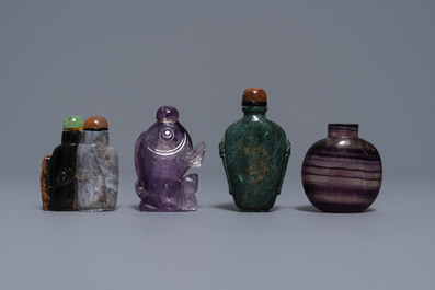 Seven Chinese hardstone, agate and quartz snuff bottles, 19/20th C.