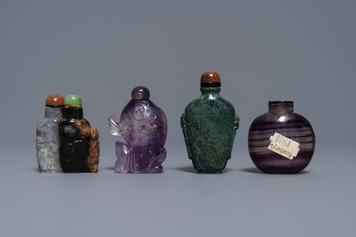 Seven Chinese hardstone, agate and quartz snuff bottles, 19/20th C.
