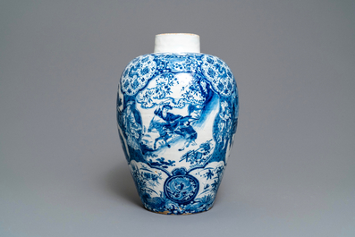 An exceptional and large Dutch Delft blue and white chinoiserie vase, 17/18th C.