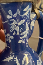 A rare Dutch Delft 'Persian blue' pewter-mounted jug, 17/18th C.