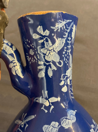 A rare Dutch Delft 'Persian blue' pewter-mounted jug, 17/18th C.