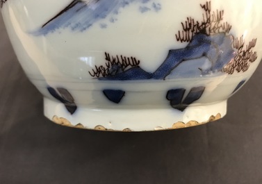 A rare Dutch Delft blue, white and manganese chinoiserie jar and cover, last quarter 17th C.