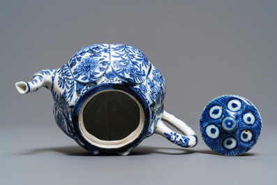 A Chinese blue and white relief-moulded 'lotus flower' teapot and cover, Kangxi