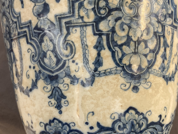 A pair of Dutch Delft blue and white Daniel Marot style vases, early 18th C.