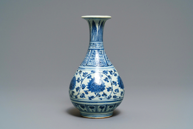 A Chinese blue and white 'lotus scroll' yuhuchunping vase, Hongzhi