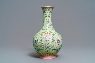 A Chinese famille rose lime green-ground vase, Qianlong mark, Republic