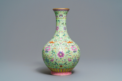 A Chinese famille rose lime green-ground vase, Qianlong mark, Republic
