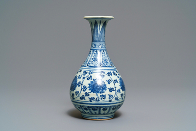 A Chinese blue and white 'lotus scroll' yuhuchunping vase, Hongzhi