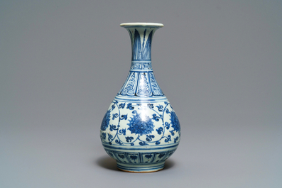 A Chinese blue and white 'lotus scroll' yuhuchunping vase, Hongzhi