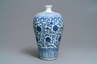 An imperial Chinese blue and white 'lotus scroll' meiping vase, Wanli mark and of the period