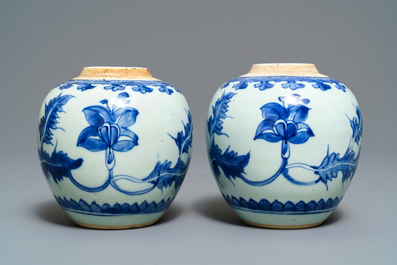Een paar Chinese blauw-witte potten met floraal decor, Kangxi