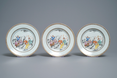 Seven Chinese famille rose plates with Luohan near a tiger, Qianlong
