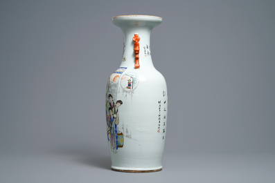 A Chinese qianjiang cai vase with women around a table, signed Yan Bing Jun, dated 1913