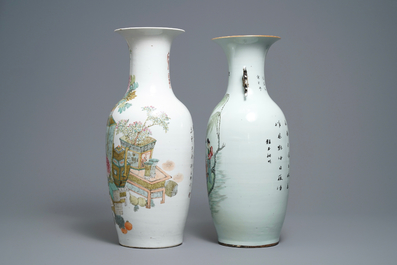 Deux vases en porcelaine de Chine famille rose et qianjiang cai, un sign&eacute; Xu Pinheng, 19&egrave;me et 20&egrave;me