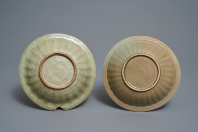 Two Chinese Longquan celadon plates with applied fish, Ming