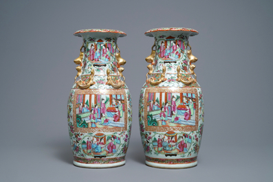 A pair of Chinese Canton famille rose vases and a bowl, 19th C.