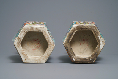 A pair of Chinese hexagonal qianjiang cai 'immortals' vases, signed Wang Qi, dated 1918