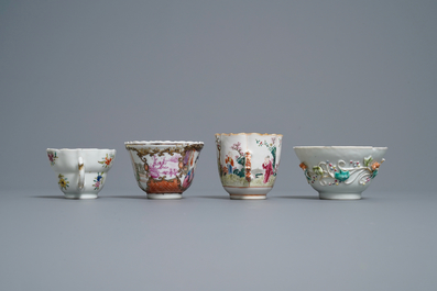 Eight Chinese famille rose cups and saucers, Yongzheng/Qianlong
