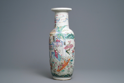 A Chinese famille rose rouleau vase, 19th C.