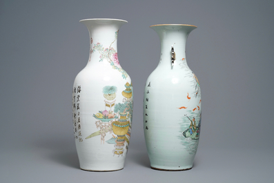 Deux vases en porcelaine de Chine famille rose et qianjiang cai, un sign&eacute; Xu Pinheng, 19&egrave;me et 20&egrave;me