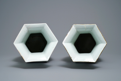 A pair of Chinese hexagonal qianjiang cai 'immortals' vases, signed Wang Qi, dated 1918