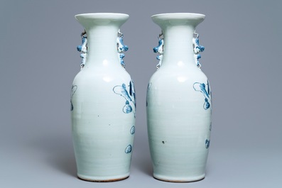 A pair of Chinese blue and white celadon vases with figures, 19th C.
