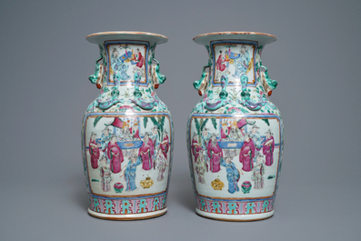 Two pairs of Chinese famille rose vases and a jardini&egrave;re, 19th C.