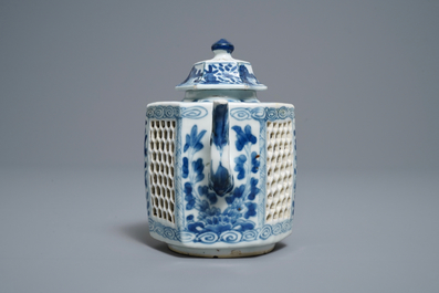 A rare Chinese blue and white double-walled reticulated octagonal teapot, Kangxi