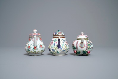 Three Chinese famille rose teapots and covers, Yongzheng