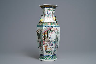 A Chinese hexagonal famille rose 'scholars' vase, 19th C.