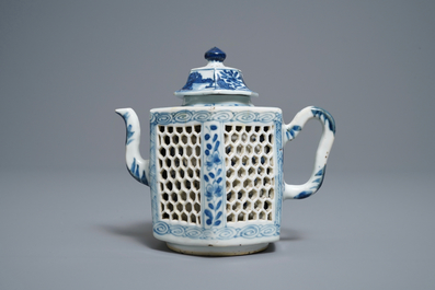 A rare Chinese blue and white double-walled reticulated octagonal teapot, Kangxi