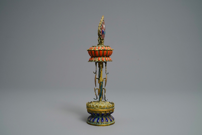 A Chinese inlaid gilt bronze and cloisonn&eacute; Buddhist altar ornament, 19th C.