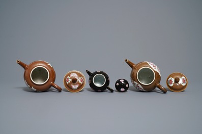 Three Chinese famille rose capucin- and black-ground teapots, Yongzheng/Qianlong